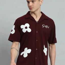Griffel Maroon Cotton Loose Fit Printed Shirt-image-22