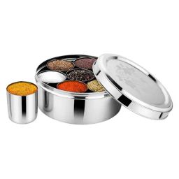 Prabha Stainless Steel Silver Jumbo Spice Box Singature, Large Spice Container Glasses-14