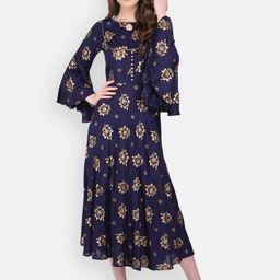 MARC LOUIS Blue Ethnic Motifs Printed Flared Sleeves Angrakha Anarkali Kurti-image-28