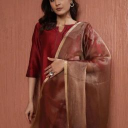 Fabindia Maroon-Beige Silk Blend Woven Dupatta-picture-21