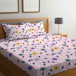 Aura Pink & Blue Floral 300 TC King Bedsheet with 2 Pillow Covers-picture-31