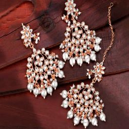 Peora Rose Gold Ethnic Kundan & Beads Studded Earring & Maangtikka Set-18