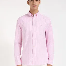 Tommy Hilfiger Classic Pink & Optic White Cotton Regular Fit Striped Shirt-image-45