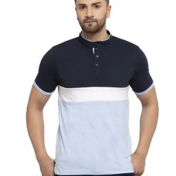 Kalt Men Half Sleeves Mandarin Collar Cotton Blend Stripe T-shirt-image-42