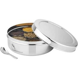 Prabha Stainless Steel Silver Golden Spice Box, Lid, 7 Spice Containers-46