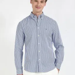 Tommy Hilfiger Wedge Blue & Optic White Cotton Regular Fit Striped Shirt-image-97