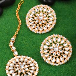 Peora Rose Gold Ethnic Kundan & Beads Studded Earring & Maangtikka Set-image-30