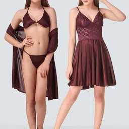 Romaisa Brown Satin Nightdress Set-picture-19
