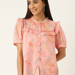 Antheaa Women Peach-Coloured Floral Print Mandarin Collar Chiffon Top-image-78