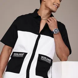 WROGN Pure Cotton Monochrome Opaque Colourblocked Oversized Casual Shirt-image-35