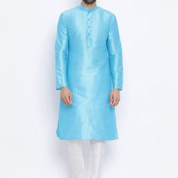 NAMASKAR Men Blue Dupion Silk Solid Kurta with Churidar-image-53