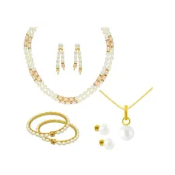 Sri Jagdamba Pearls White & Peach Alloy Necklace Set Combo-image-75
