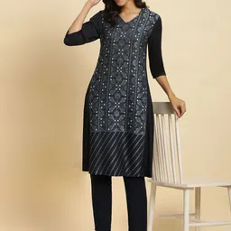 W Floral Printed V-Neck Straight Kurta With Trousers-picture-10