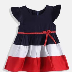 YK Colourblocked Flutter Sleeves A-Line Pure Cotton Dress with Bow Detail-image-35