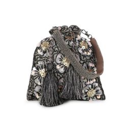 Anekaant Dangle Grey, Black and Gold Floral Embellished Faux Silk Potli-picture-4
