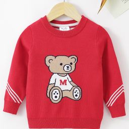 Kookie Kids Knitted Full Sleeves Pullover Sweater Teddy Bear Design - Red-image-11