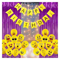 Puchku Printed Mix Emoji Latex Smiley Balloons with Fringe Foil Curtains Led Light Banner For Decoration Yellow - Pack of 54-image-6