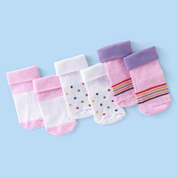 Cute Walk by Babyhug Cotton Blend Ankle Length Anti Skid Socks Stripes & Dot Design Pack of 3 - Pink White & Purple-image-39