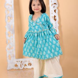 MoMaa Full Bell Sleeves Ethnic Floral Motif Printed & Lace Embellished Coordinating Angrakha Style Kurta & Palazzo Set - Sky Blue-image-51