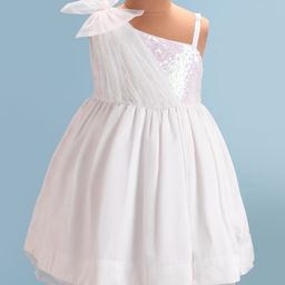 Babyhug Woven One Shoulder Sleeves Party Frock with Bow & Sequin Detailing  - White-image-84