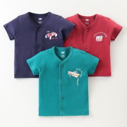 Zero Interlock Knit Half Sleeves Vests Vehicle Print Pack of 3- Navy Blue Maroon & Green-image-95