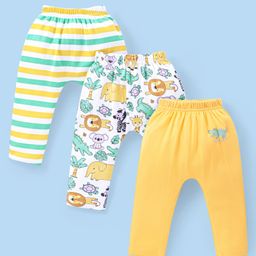 Babyhug Interlock Knit Full Length Diaper Leggings with Striped & Lion Print  Pack of 3 - Yellow White & Green-58