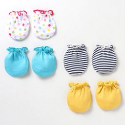 Ben Benny 100% Cotton Knit Mittens Solid Polka Dots & Strips Print Pack of 4 - Blue & White-24