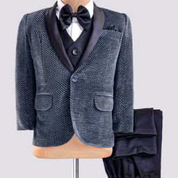 Robo Fry Woven Full Sleeves Solid Colour Textured 4 Piece Party Suit with Bow- Charcoal Grey-image-39