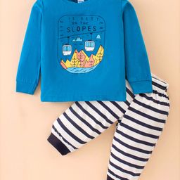 Tango Single Jersey Knit Full Sleeves T-Shirt & Striped Lounge Pants Set With Text Print - Blue-image-13