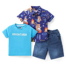 Babyhug Cotton Woven Half Sleeves Shirt With T-Shirt & Denim Shorts Set Camping Adventure Themed - Blue-image-80