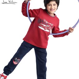 Arias Cotton Brushed Terry Knit Full Sleeves Sweatshirt & Joggers Set with Racing Theme Print - Red & Navy-image-60
