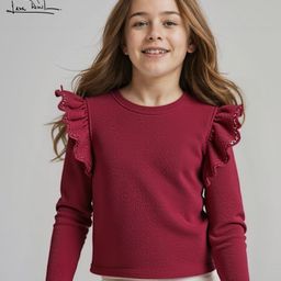 Arias Structure Knit Full Sleeves Solid Colour Top with Frill Detailing - Maroon-28
