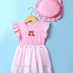Kookie Kids Cotton Knit Frill Sleeves Frockstyle Onesie with Cap & Cherry Applique and Embroidery - Pink-image-72