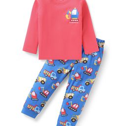 Babyhug Cotton Knit Full Sleeves Night Suit With Truck Print - Red & Blue-image-42