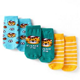 Cute Walk by Babyhug Knit Ankle Length Antibacterial Anti Skid Socks with Stripes & Tiger Design Pack of 3 - Green Light Blue & Yellow-image-20