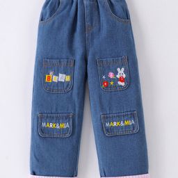 Mark & Mia Cotton Blend Full LengthWashed Jeans with Bunny Embroidery - Navy Blue & Pink-image-95