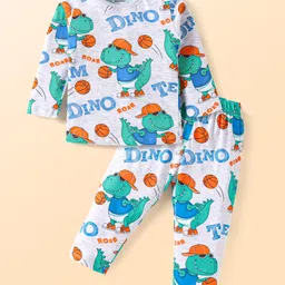 Babyhug Cotton Knit Full Sleeves Night Suit With Dino Print - Light Grey-picture-22