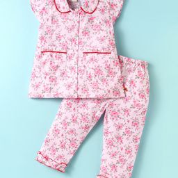 Dew Drops Poplin Knit Half Sleeves Co-Ord Night Suit With Floral Print - Pink-image-98