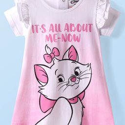 Babyhug Disney Cotton Knit Frill Sleeves Nighty With Marie Graphic - Pink-image-93
