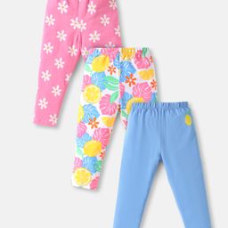 Babyhug Cotton Lycra Full Length Skinny Fit Leggings with Stretch Floral & Leafy Print Pack of 3 - Pink Blue & White-image-75