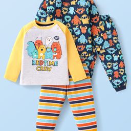 Babyhug Cotton Knit Full Sleeves Night Suit Monstar Print Pack of 2 - Navy & Yellow-image-90