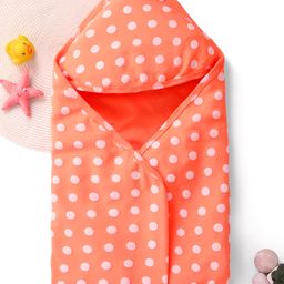 Babyhug Terry Knit Wrapper With Polka Dots Print & Hood L 76 X B 76 cm-Orange-picture-10