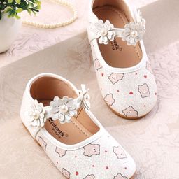Cute Walk by Babyhug Velcro Closer Ballerina with Floral Applique & Bear Print - White-image-78