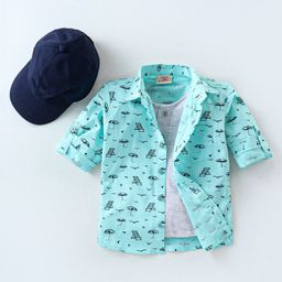 Rikidoos Full Sleeves Beach Theme Printed Shirt With Attached Tee & Cap - Mint Green & Melange-image-96