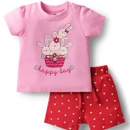 Doodle Poodle 100% Cotton Knit Half Sleeves Shorts Night Suit with Bunny & Polka Dots Print - Red & Pink-picture-4