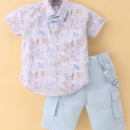 Dapper Dudes Half Sleeves Jungle Theme Printed Shirt & Shorts WIth Bow & Suspender Set - Grey-image-78