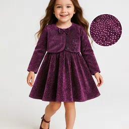 Babyhug Woven Shimmered Party Dress & Full Sleeves Shrug With Bow Applique - Wine-picture-19