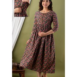 NEVISHA STYLE Cotton Woven Three Fourth Sleeves Floral Printed Maternity Kurta With Nursing Access - Blue-image-92