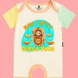 The Peppy Tend 100% Cotton Knit Durga Puja Theme Half Sleeves My First Durga Puja Text Printed Romper - Multi Colour-picture-10