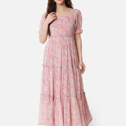 OTIRA Women Abstract Printed Puff Sleeve Fit and Flare Tiered Maxi Dress-image-65
